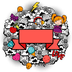 Fototapete - Abstract background with cute kawaii doodles.