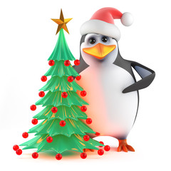 Fototapete - Santa Claus Penguin with his Christmas tree