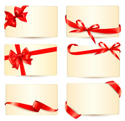 Poster - Set of beautiful gift cards with red gift bows with ribbons Vect