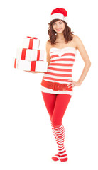 Wall Mural - Happy santa woman with gift boxes