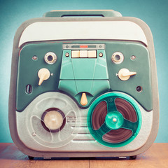 Poster - Retro reel to reel tape recorder front mint green background