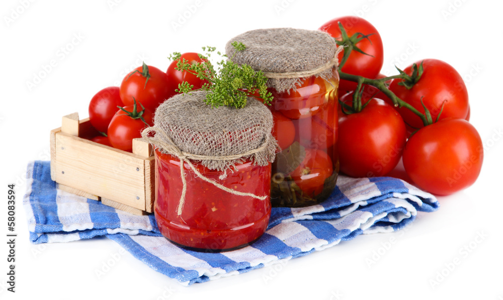 Tasty canned and fresh tomatoes, isolated on white