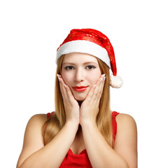  Young woman in santa hat with expressive gesture
