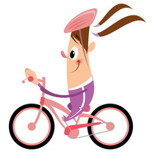 Cartoon Girl With Ponytail And Helmet Riding Pink Bike Smiling