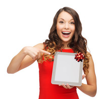 Smiling Woman In Red Dress With Tablet Pc