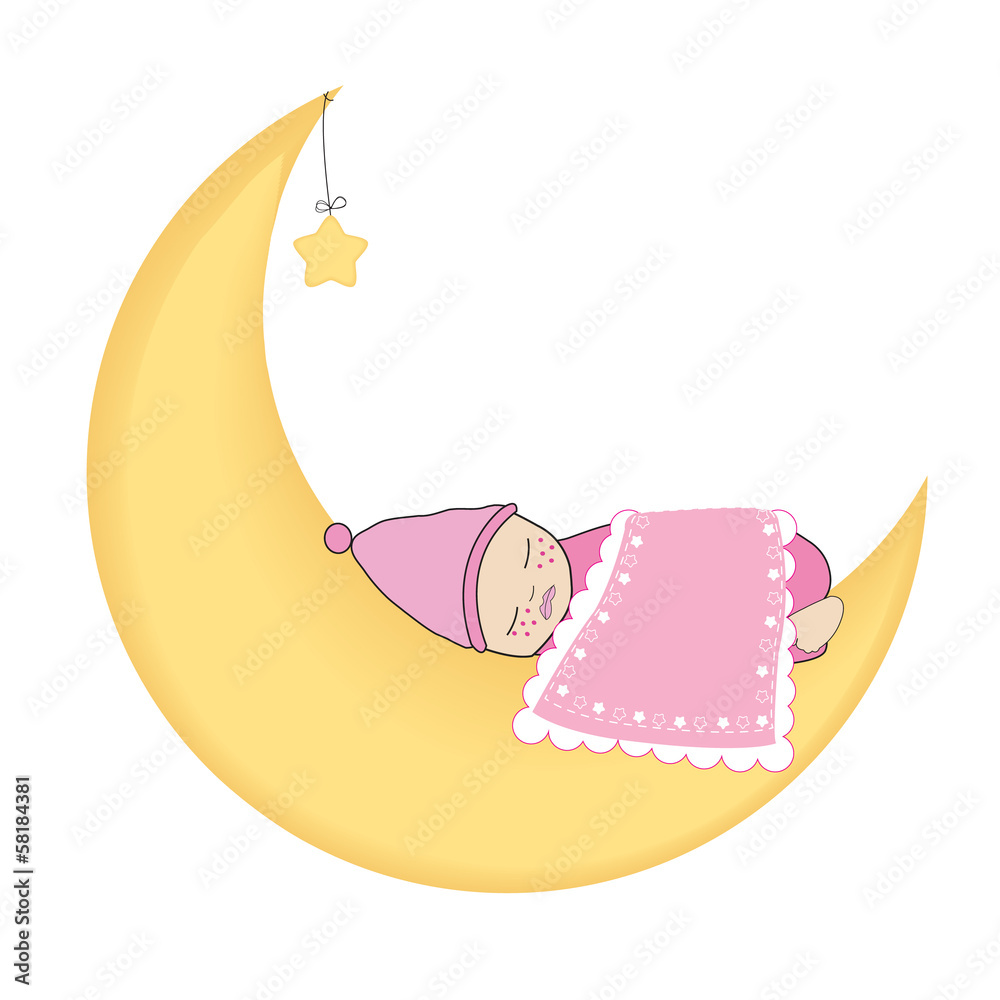 Newborn baby girl sleeping on the moon vector Stock Vector | Adobe Stock