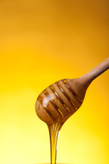 Wall Mural - Close-up shot of wooden dipper and flowing honey