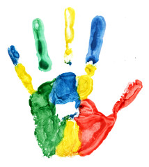 Close up of colored hand print on white