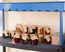 Home Made Jams And Preserves In Pots With Labels