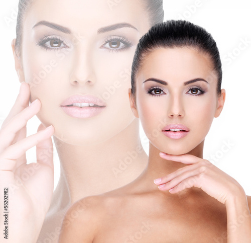 Fototapeta na wymiar Beautiful face of young girl with fresh healthy skin