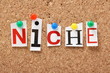 The word Niche on a cork notice board