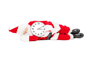 Poster - Santa Claus sleeping with a clock and running late