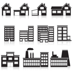 set of buildings: office, house, factory