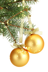 Wall Mural - Christmas balls on fir tree, isolated on white