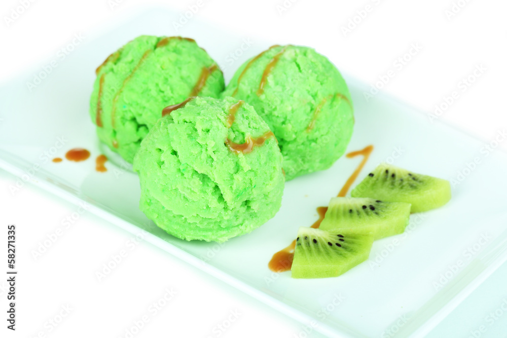 Delicious ice cream on plate isolated on white