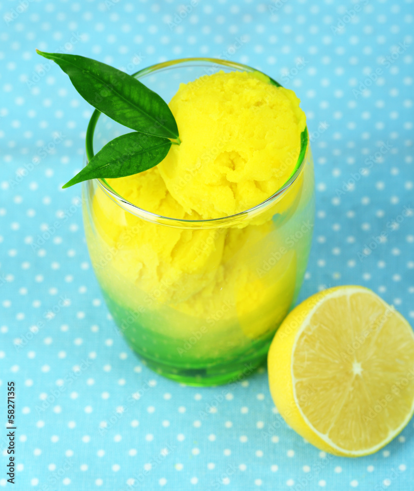 Delicious ice cream in glass on table close-up