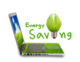 Green Laptop isolated on white concept of saving energy