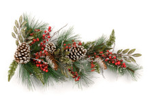 Christmas Garland  With Red Berries And Pine Cones On White