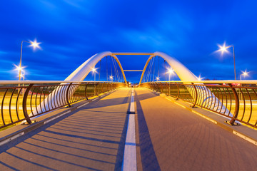 Architecture of highway viaduct at night in Gdansk, Poland