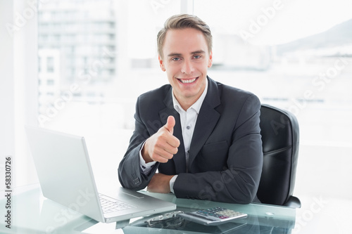 Foto-Vorhang - Businessman with laptop gesturing thumbs up at office desk (von lightwavemedia)