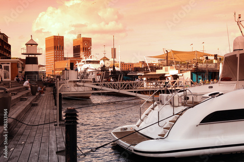 View of Oslo bay, Radhuset (city hall), Norway Poster