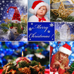 collage with christmas decorations and children in santa hat