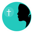 Christ and silhouette of woman's face in the blue circle