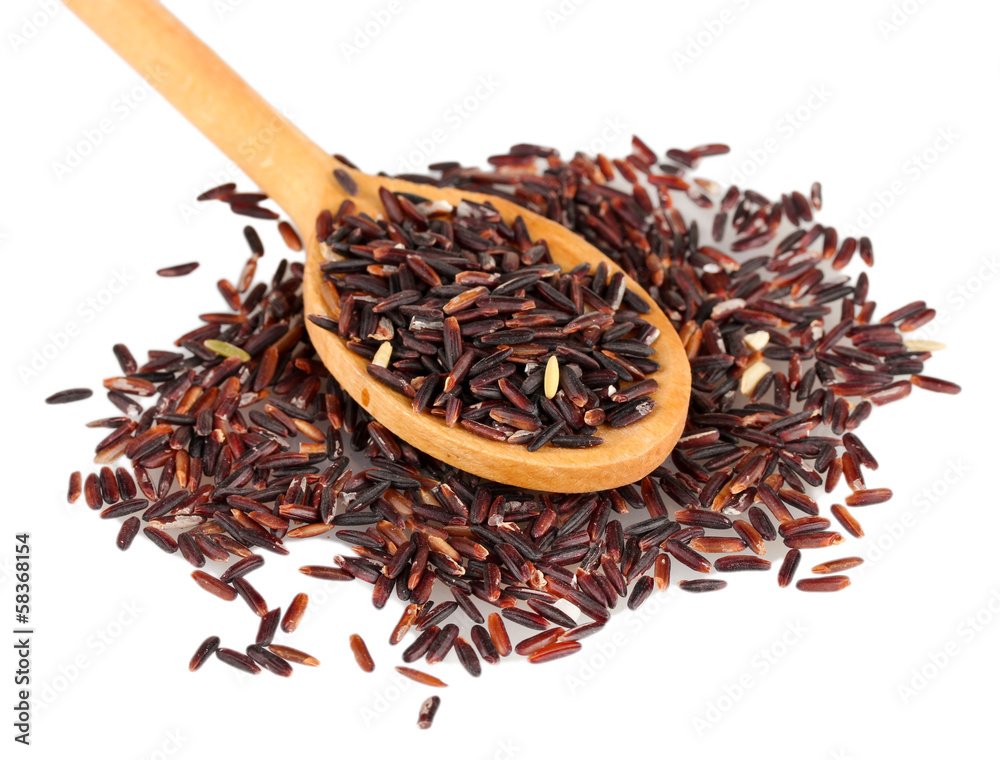 black rice  in wooden  spoon isolated on white background