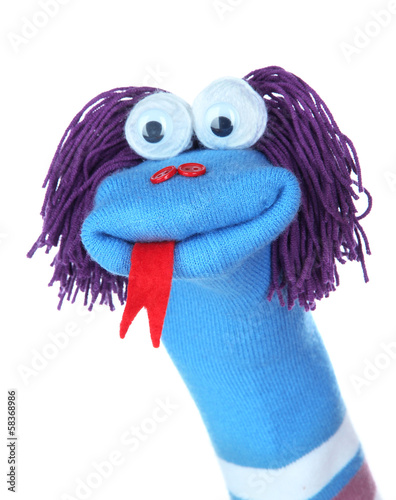 Cuadros en Lienzo Cute sock puppet isolated on white