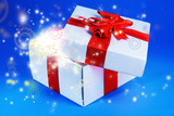 Fototapeta Desenie - Gift box with bright light on it on blue background