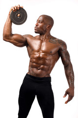 Poster - Black bodybuilder training with round discs