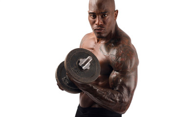 Poster - Black bodybuilder training with heavy dumbbell.