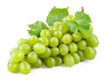 Fresh Green Grapes With Leaves. Isolated On White