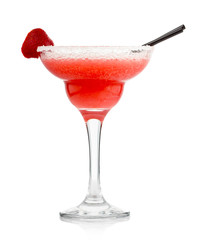 Wall Mural - Red alcohol cocktail with strawberry isolated on white