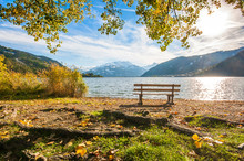 Beautiful Autumn Scene With Bench At Lake, Zell Am See, Austria