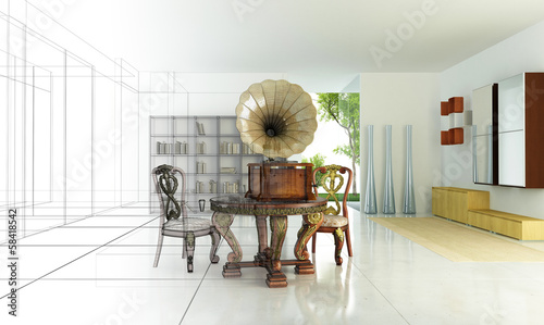 Rendering 3d progetto, interni, grammofono, appartamento buy this ... Rendering 3d interni