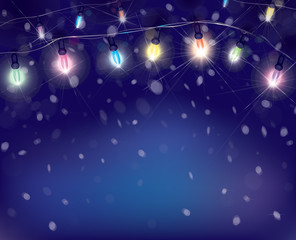 Wall Mural - vector christmas lights on snowfall background.