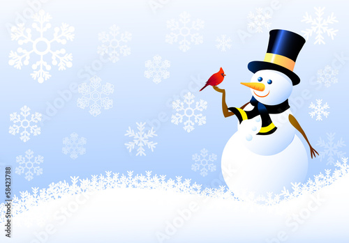 Snowman,Christmas Birds with Snow flacks Tableau sur Toile