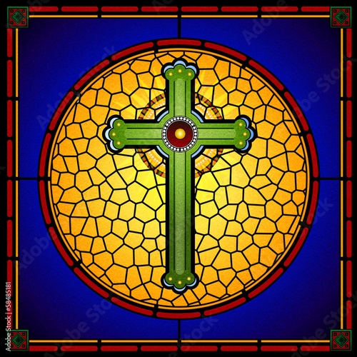 Obraz w ramie stained glass christian cross square panel