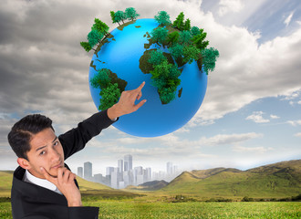 Aufkleber - Composite image of thoughtful asian businessman pointing