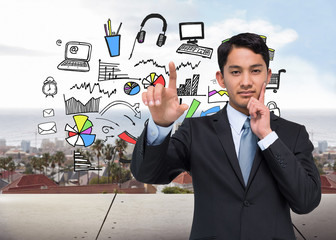Poster - Composite image of thoughtful asian businessman pointing
