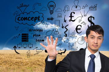 Poster - Composite image of unsmiling businessman holding and pointing