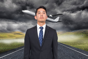 Poster - Composite image of 3d plane taking off over street