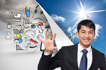 Poster - Composite image of smiling businessman holding and pointing