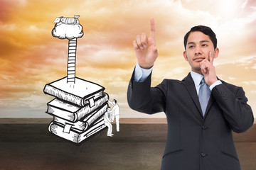 Poster - Composite image of thoughtful asian businessman pointing