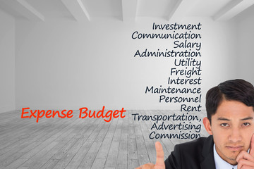 Poster - Composite image of thoughtful asian businessman pointing