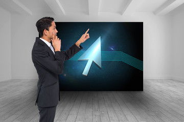 Poster - Composite image of thoughtful asian businessman pointing