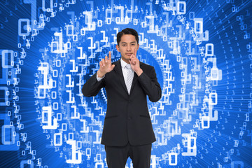 Poster - Composite image of thoughtful asian businessman pointing