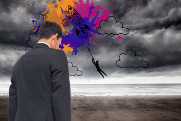Aufkleber - Composite image of rocket on splashes over stormy background