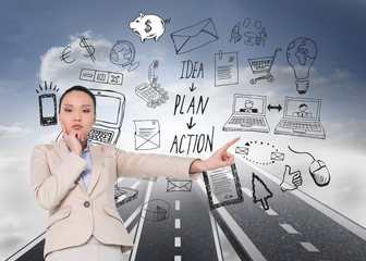 Poster - Composite image of thoughtful asian businesswoman pointing
